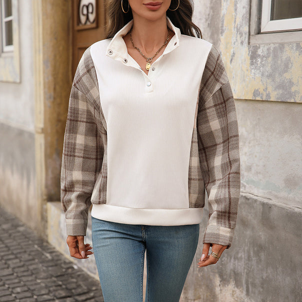 Women's sweatshirt with stand-up collar, snap button placket and checkered flannel sleeves Mune Fashion
