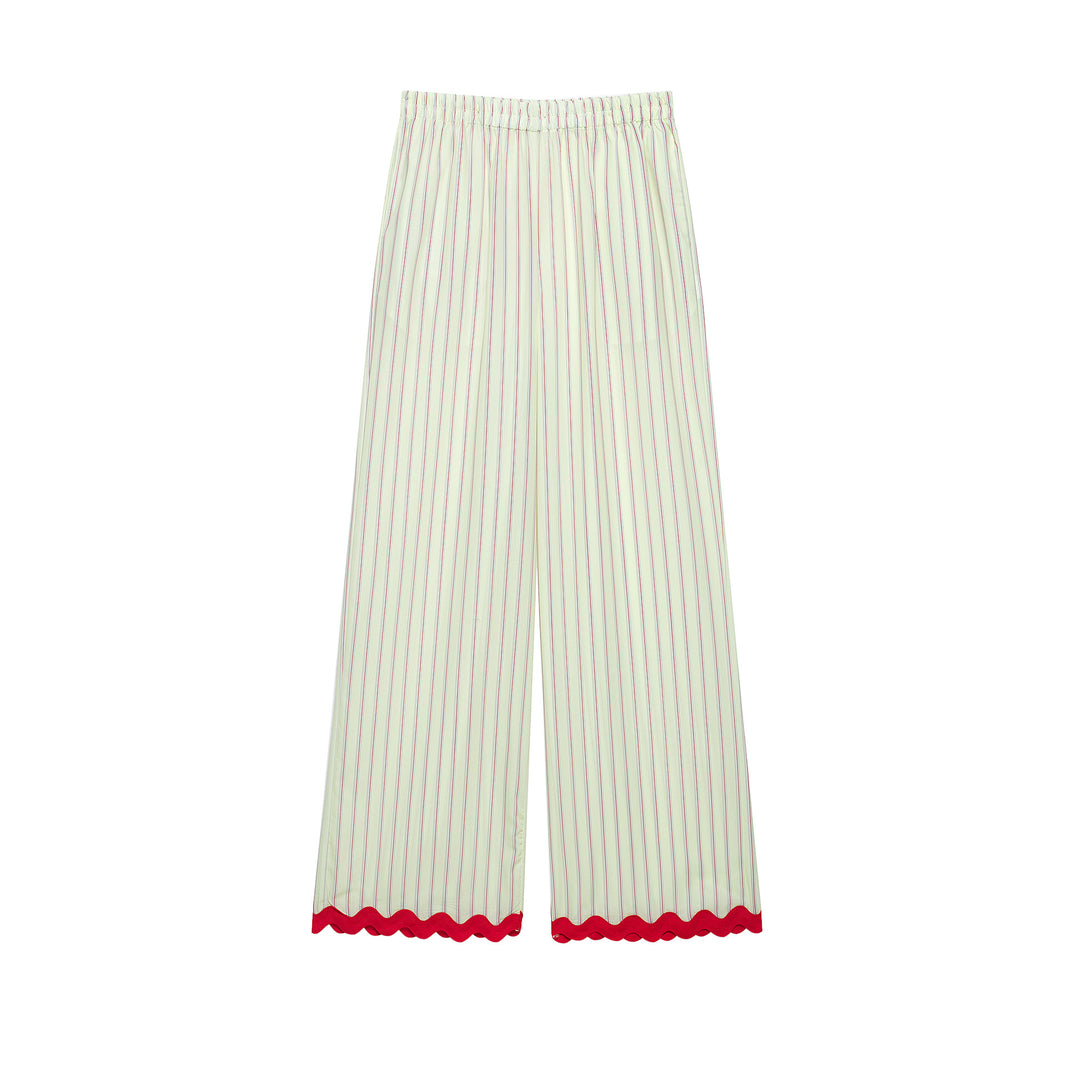 Women's Wide Culotte Pants with Elastic Waistband, Fine Vertical Stripes and Wave Edge Mune Fashion