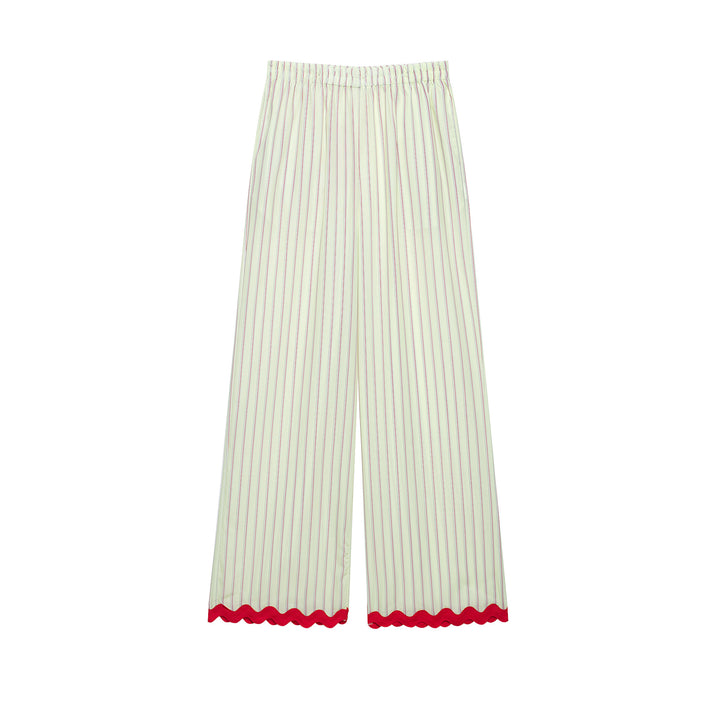 Women's Wide Culotte Pants with Elastic Waistband, Fine Vertical Stripes and Wave Edge Mune Fashion