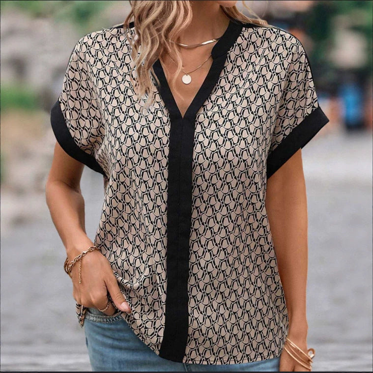 Ladies' light casual blouse in crepe look with V-neck and contrast piping Mune Fashion