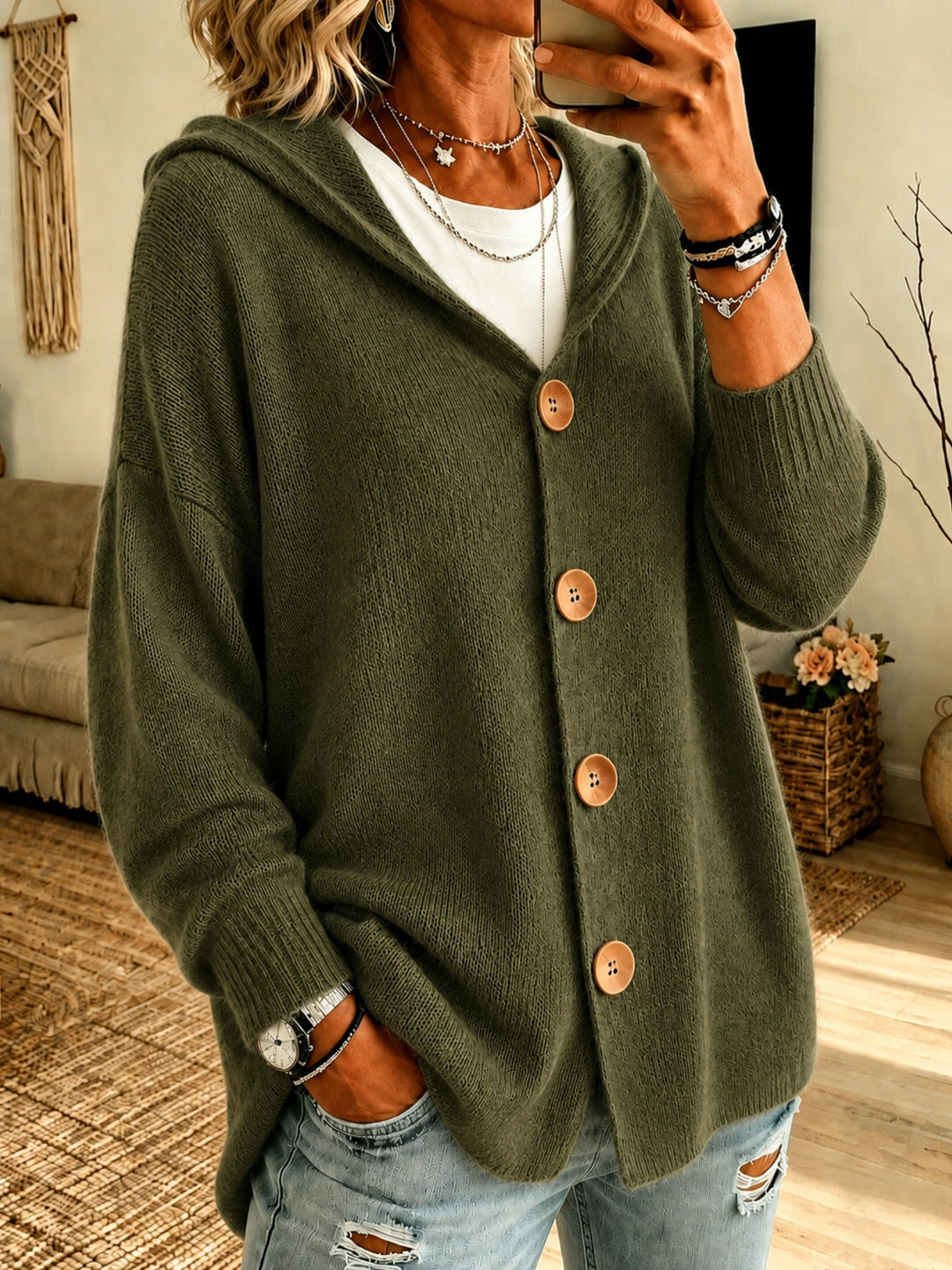 Women’s Oversize Hooded Cardigan with Wooden Buttons and Ribbed Cuffs Mune Fashion