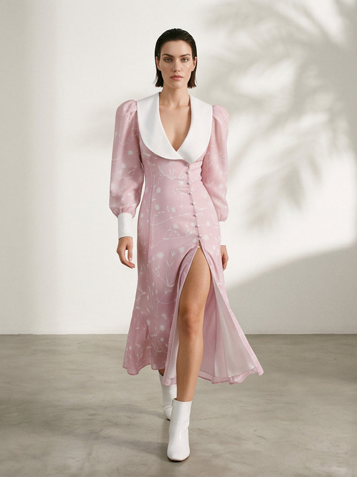 Women's midi dress with deep shawl collar, puff sleeves, and side slit Mune Fashion
