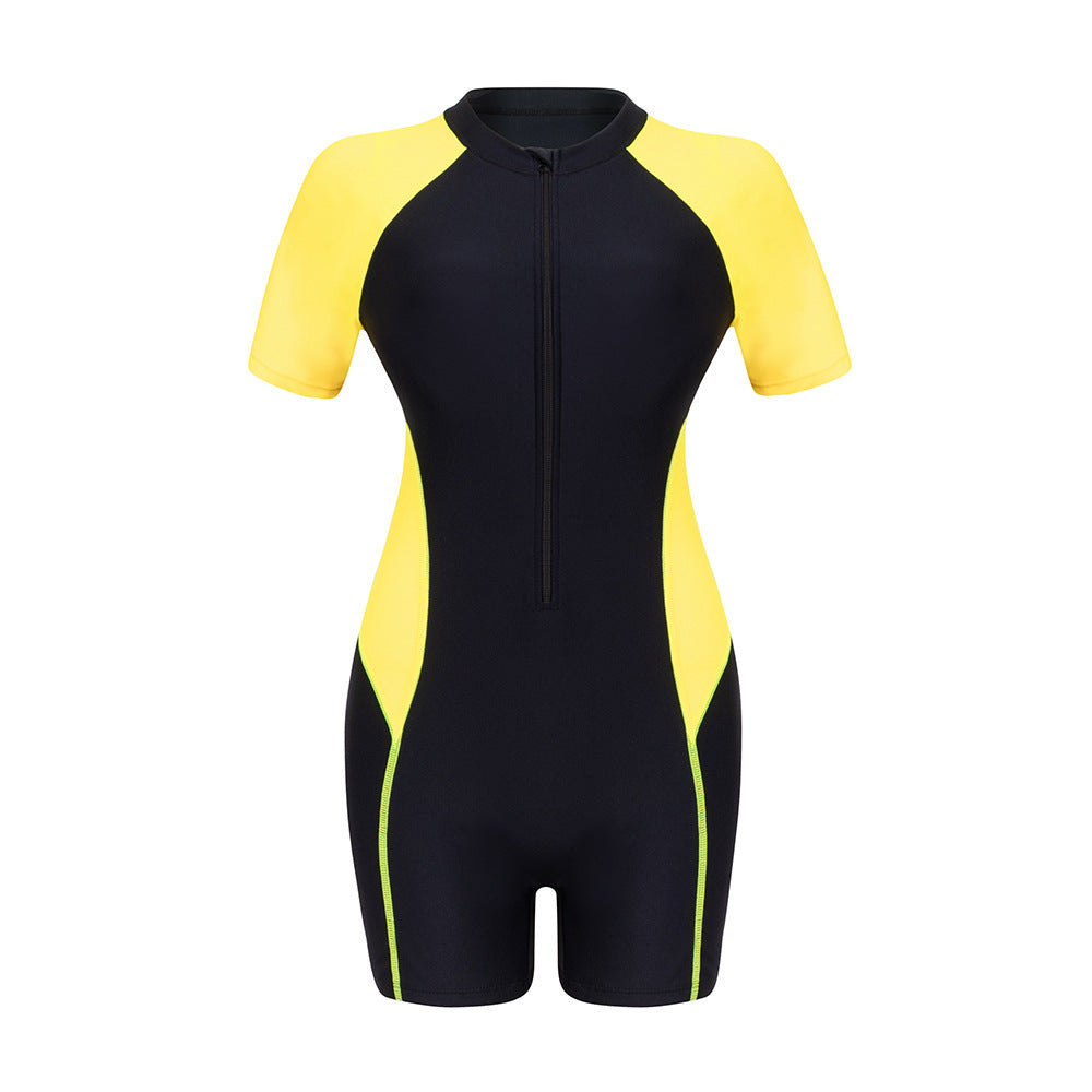 Women One-Piece Surf Suit with Short Sleeve and Stylish Zipper Mune Fashion