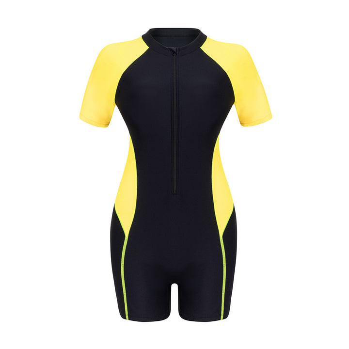 Women One-Piece Surf Suit with Short Sleeve and Stylish Zipper Mune Fashion