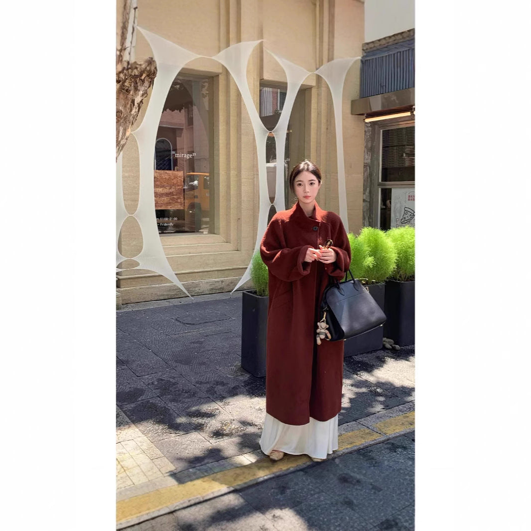 Women's Oversized Wool Coat with Stand Collar and Single-Button Closure Mune Fashion