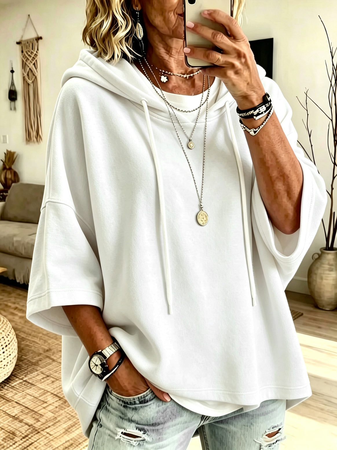 Women's Short Sleeve Oversized Hoodie with Hood and Contrast Drawstring Mune Fashion