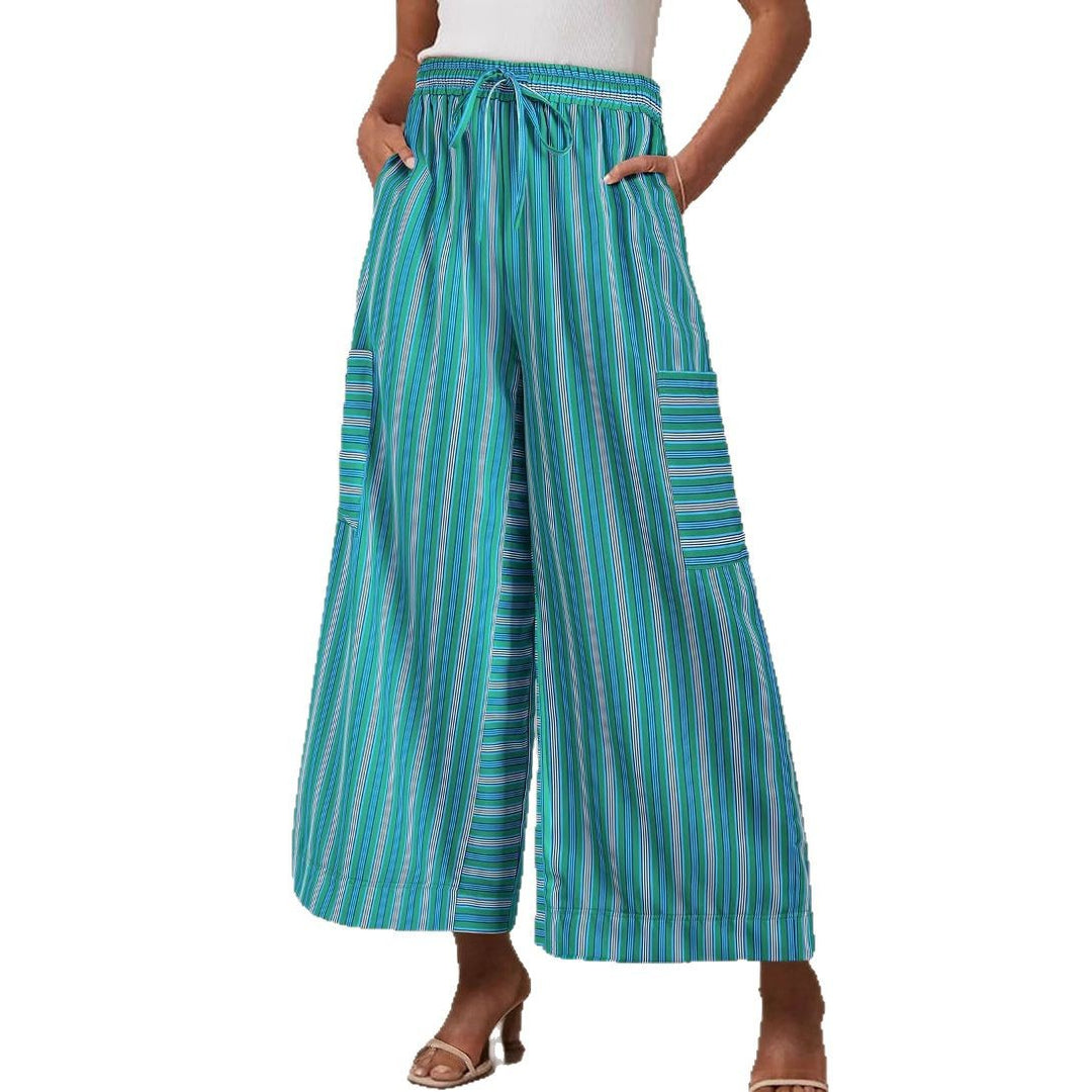 Women's Striped Wide-Leg Drawstring Waist Cropped Lounge Pants with Side Patch Pockets Mune Fashion