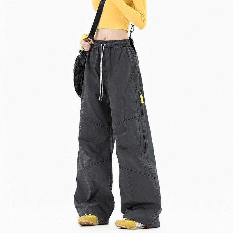 Women Wide Utility Cargo Pants with Elastic Waistband and Zipper Pockets Mune Fashion