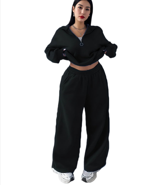 Women's Cropped Oversized Sweatshirt with Half Zipper and Wide High-Waist Jogging Pants Set Mune Fashion