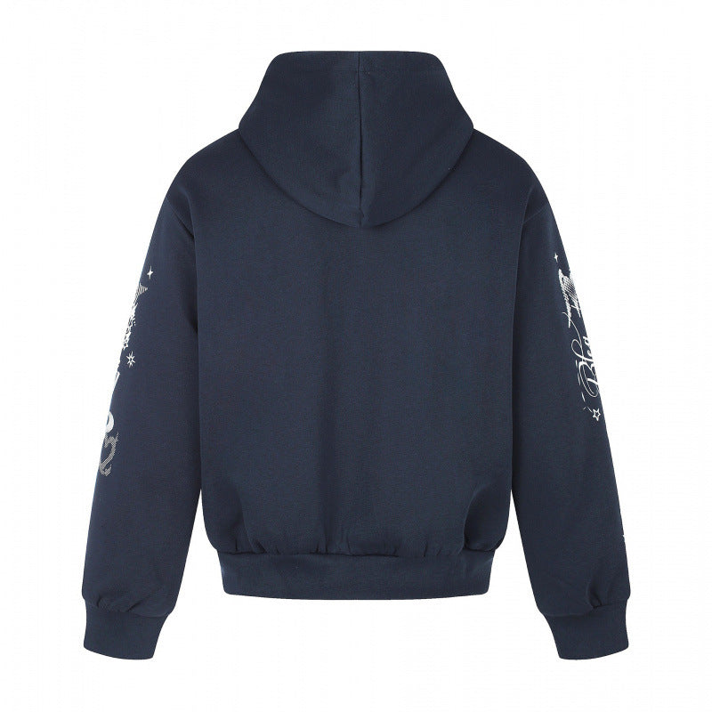 Unisex Oversized Hooded Zip Jacket with Allover Graphic Print, Zipper and Ribbed Hem Mune Fashion