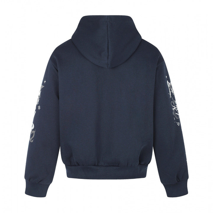 Unisex Oversized Hooded Zip Jacket with Allover Graphic Print, Zipper and Ribbed Hem Mune Fashion