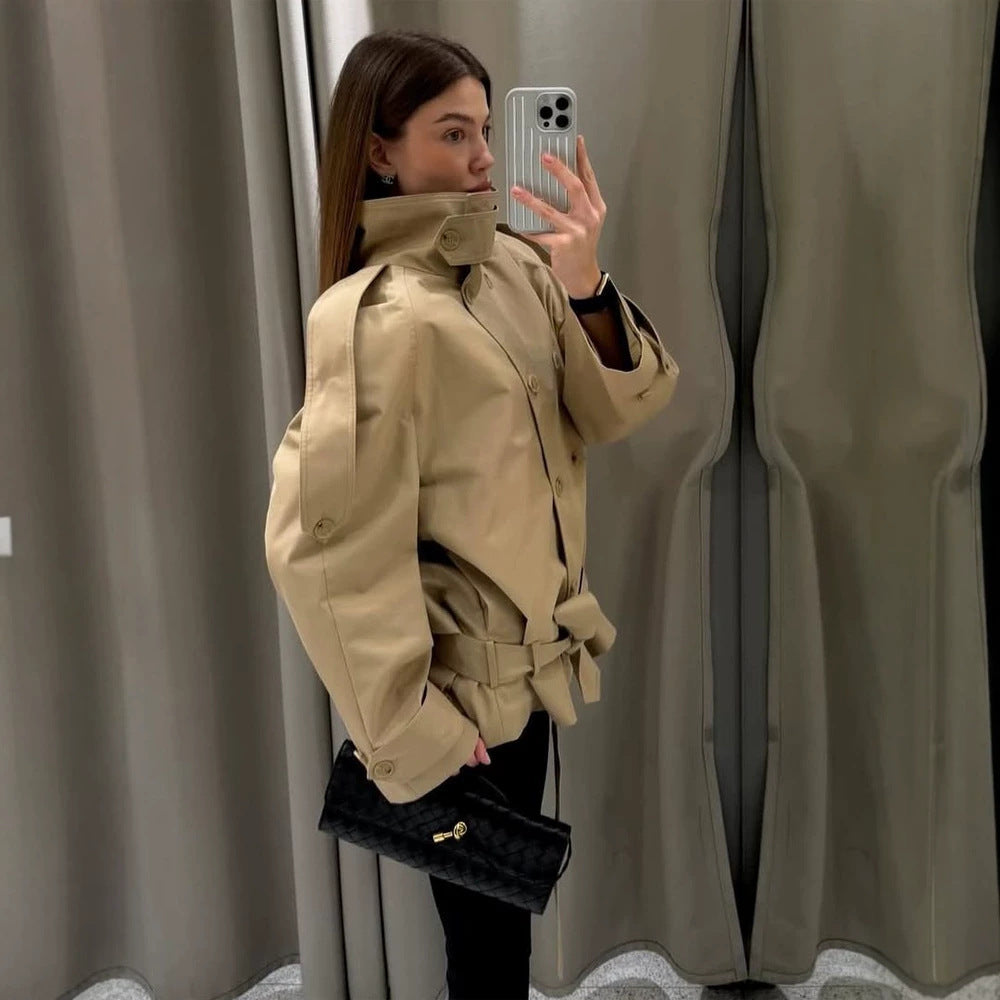 Women Short Trench with High Stand Collar, Double-Breasted Button Placket & Waist Belt Mune Fashion