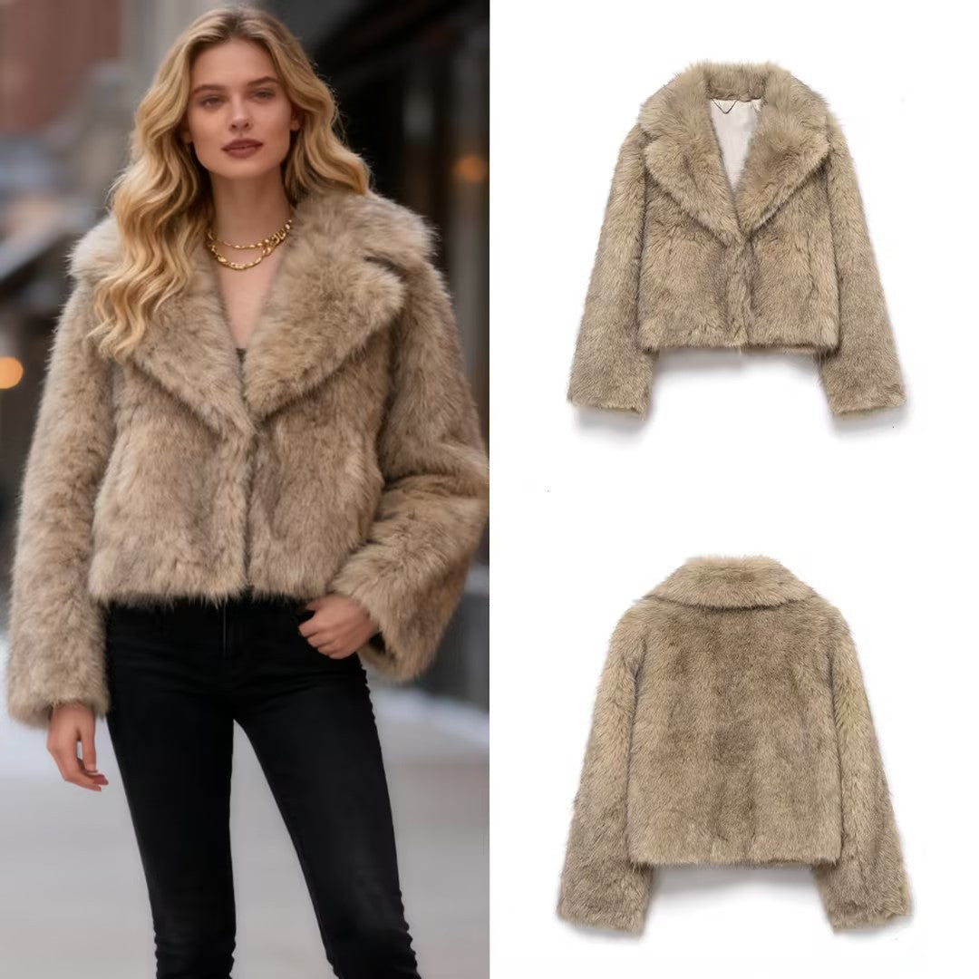 Women Short Cut Faux Fur Coat with Wide Lapel Collar Mune Fashion