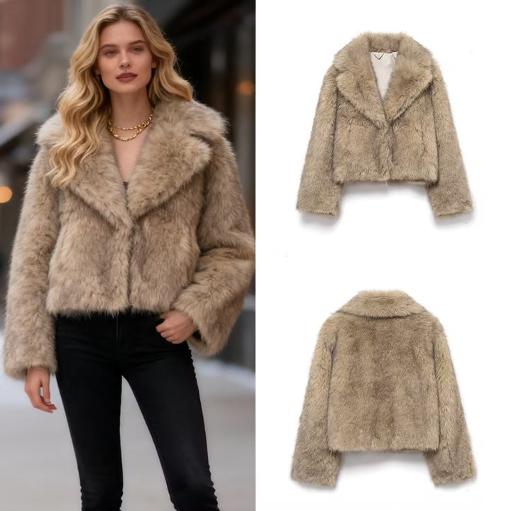 Women Short Cut Faux Fur Coat with Wide Lapel Collar Mune Fashion
