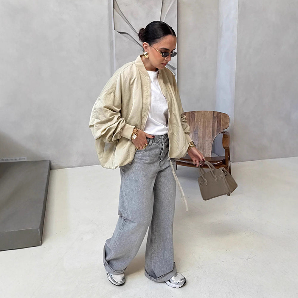 Women Oversize Bomber Jacket with drawstring, ribbed cuffs and lightweight nylon finish Mune Fashion