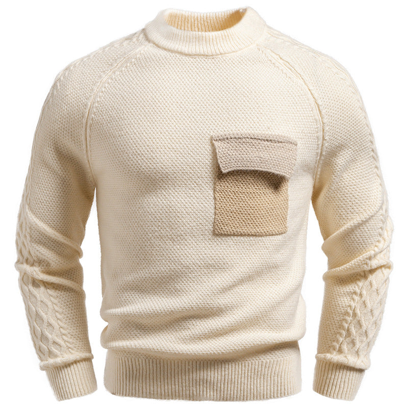 Men's pullover made of textured knit with round neck, attached chest pocket and cable pattern sleeves Mune Fashion