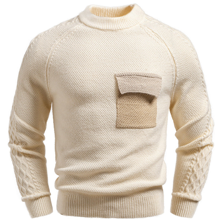 Men's pullover made of textured knit with round neck, attached chest pocket and cable pattern sleeves Mune Fashion