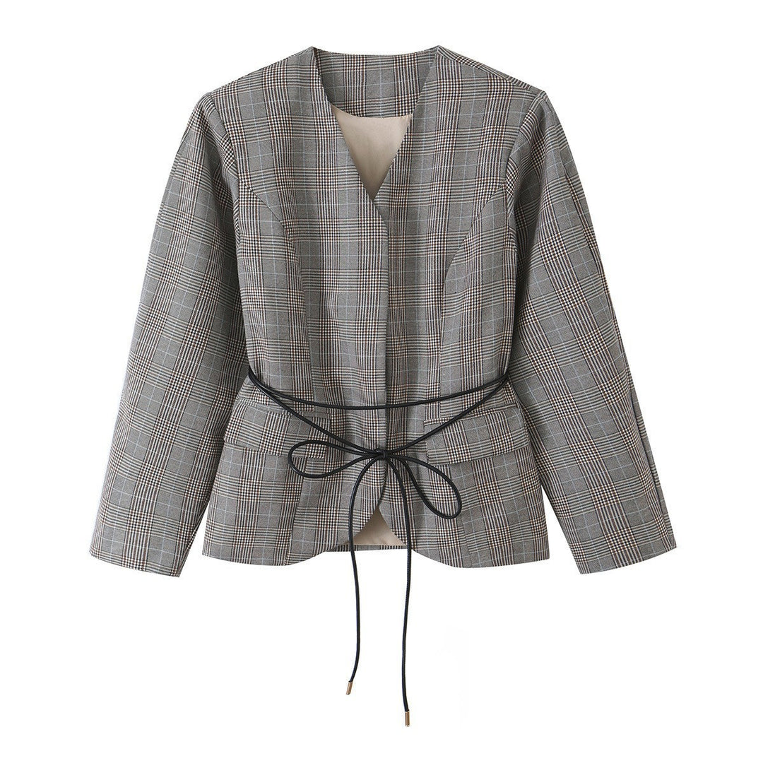 Women Tailored Glencheck Blazer with V-neck and Wrap Belt Mune Fashion