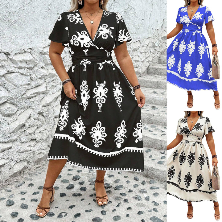 Women's Wrap Midi Dress with Tailored Draping and Decorative Border Print Mune Fashion