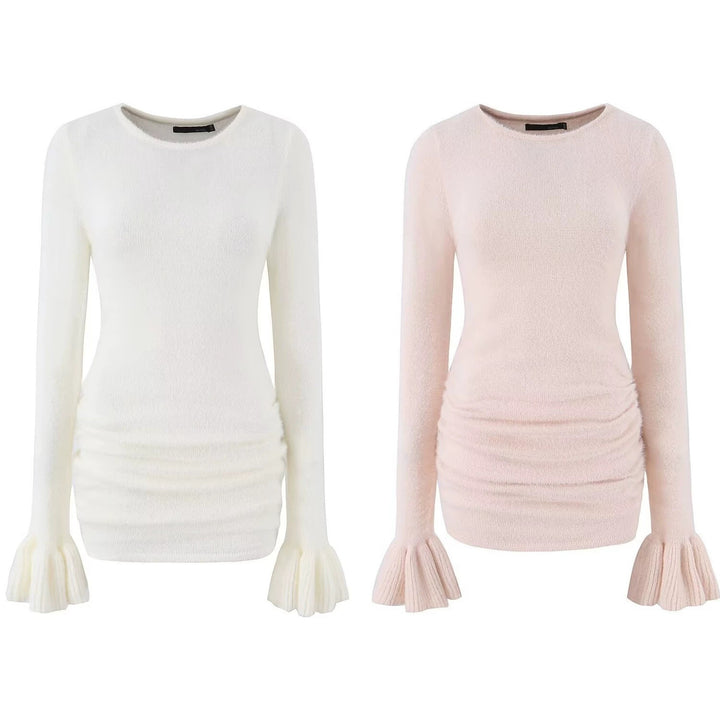 Women's figure-hugging fine knit sweater with gathered waist and flounce sleeves Mune Fashion