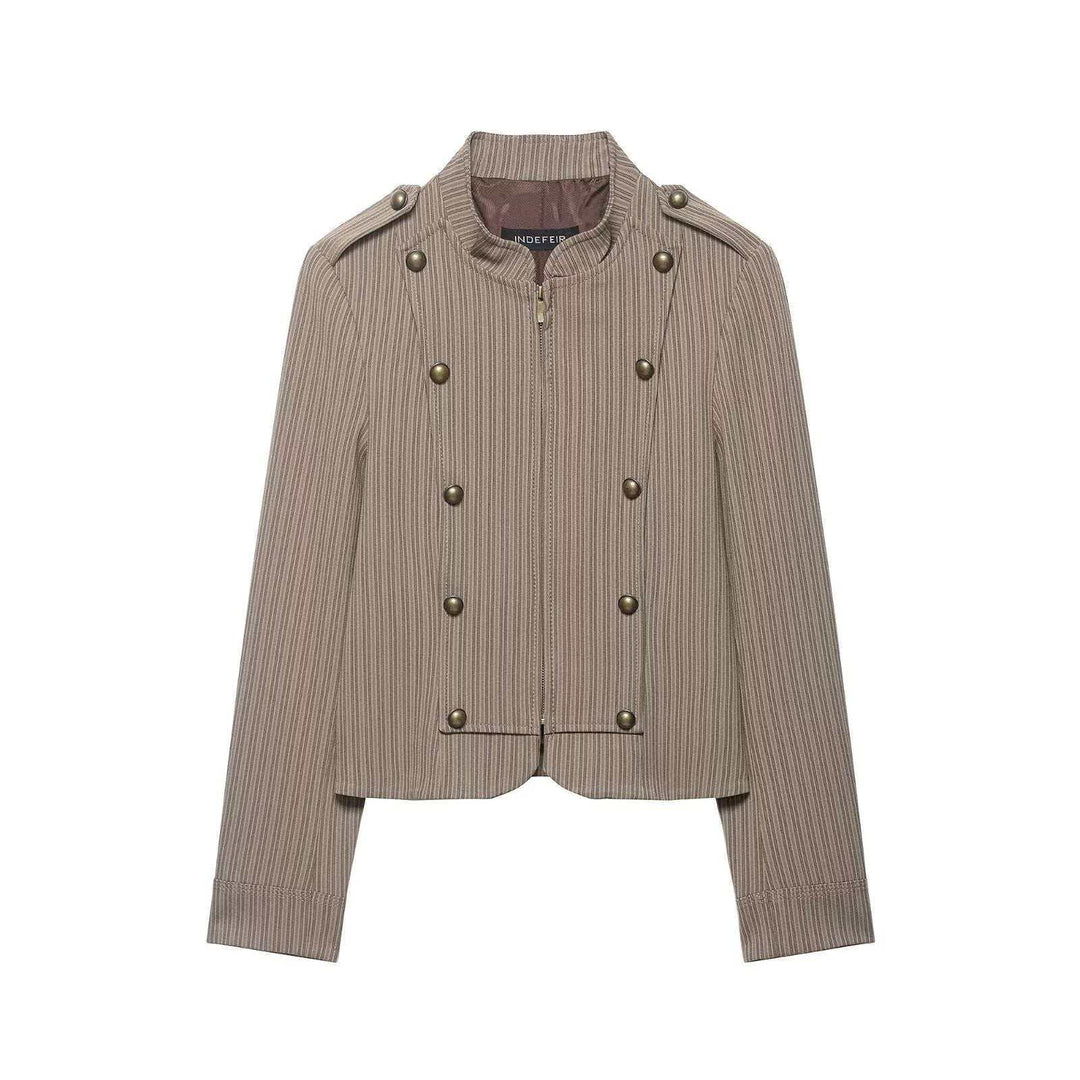Women's cropped military jacket with stand-up collar and decorative ornamental buttons Mune Fashion