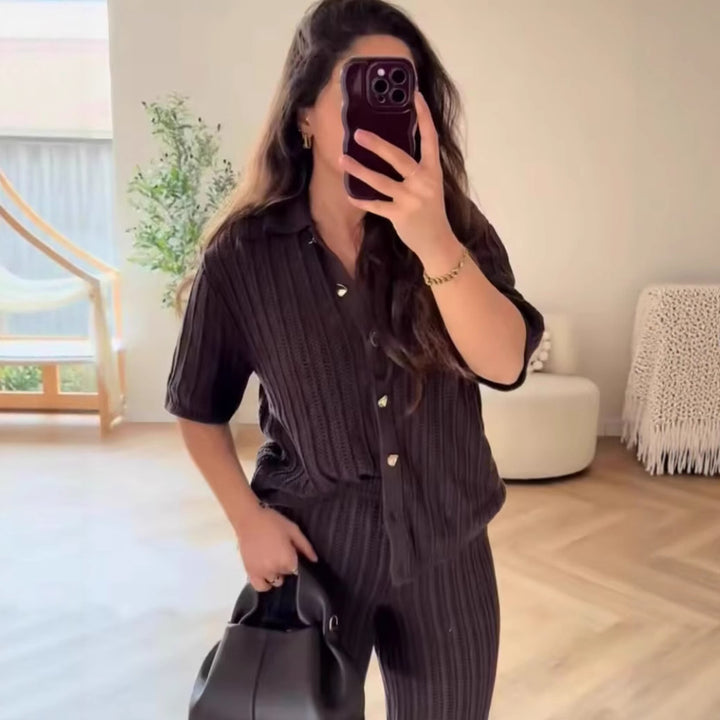 Women's wide knit pants with high elastic waistband, textured knit and palazzo cut Mune Fashion