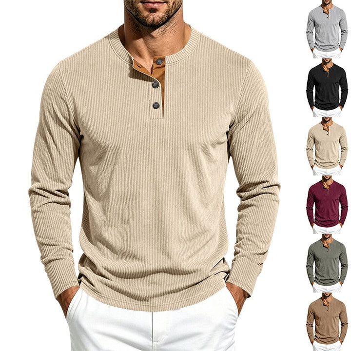 Men's Long Sleeve Ribbed Knit Henley Shirt with Button Placket and Round Neck Collar Mune Fashion
