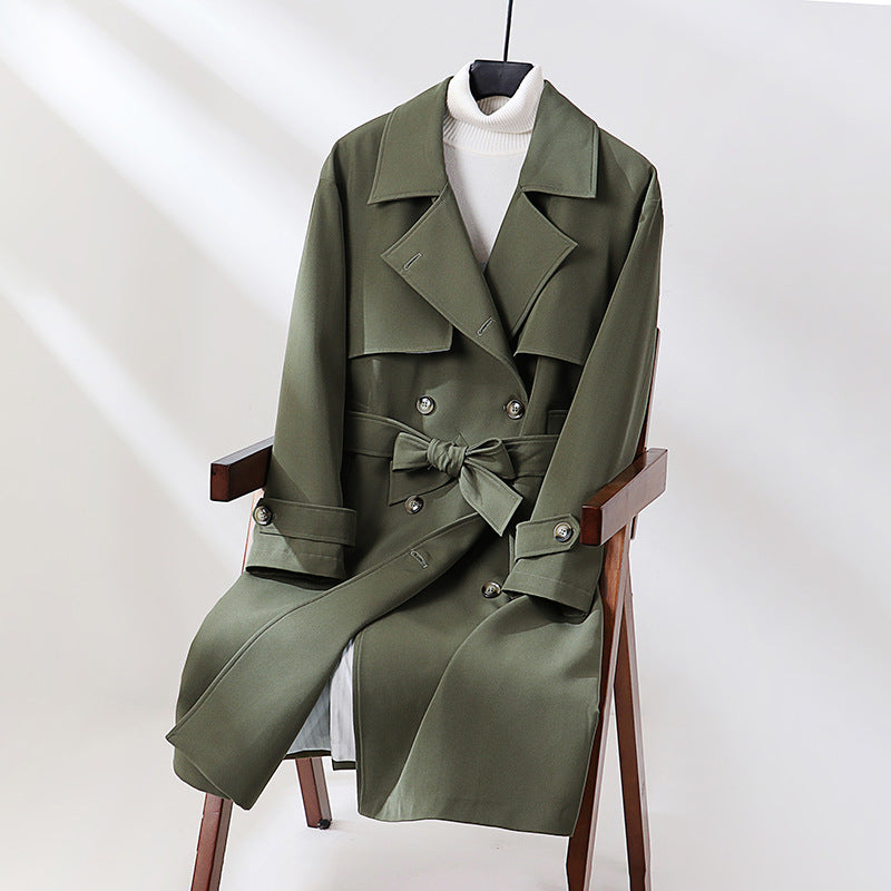 Women Long Tailored Trench Coat with Wide Shawl Collar and Tie Belt Mune Fashion