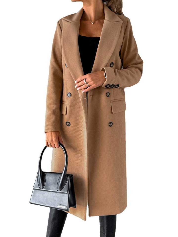 Women's classic long double-breasted coat with collar and flap pockets Mune Fashion