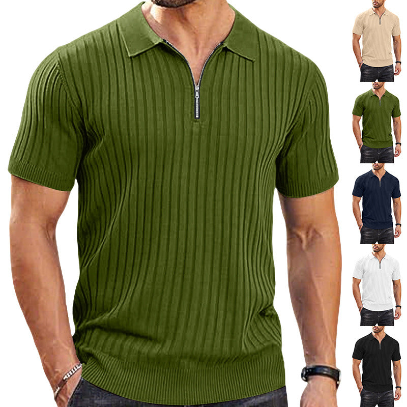 Men's elegant structured short sleeve knit polo with short metal zipper and shirt collar Mune Fashion