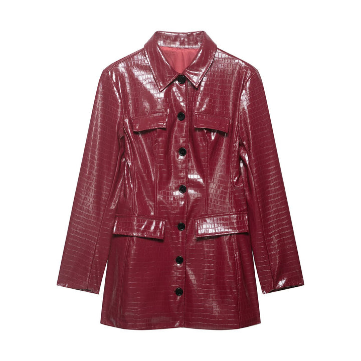 Women’s patent coat with crocodile embossing, fitted cut and button placket Mune Fashion