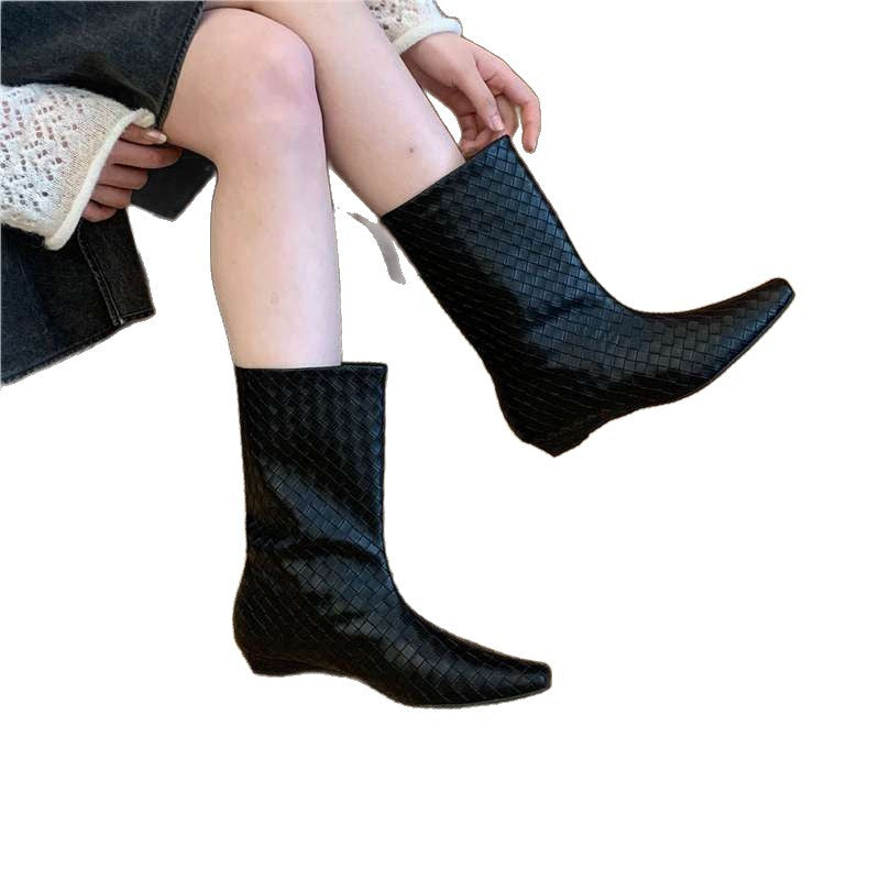 Women Braided Mid-Calf Boots with Pointed Toe Shape and Flat Block Heel Mune Fashion