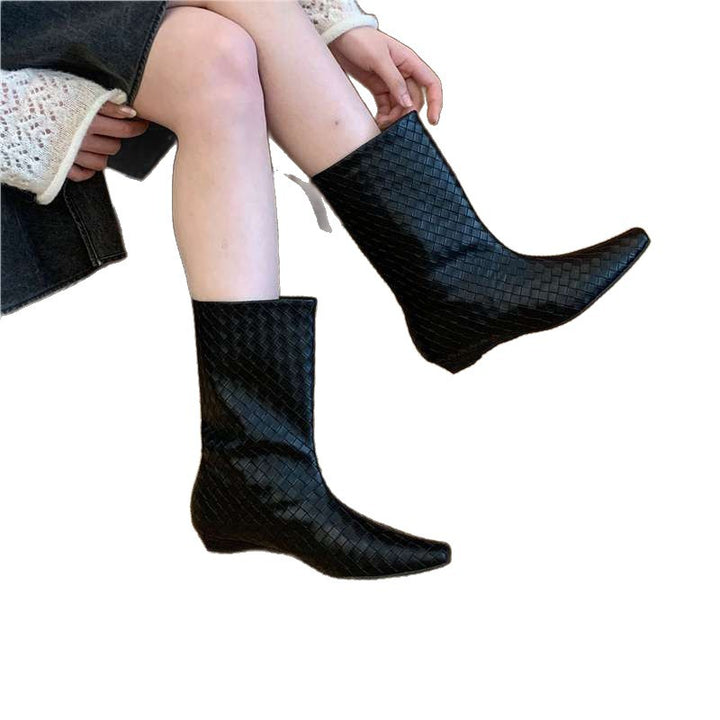 Women Braided Mid-Calf Boots with Pointed Toe Shape and Flat Block Heel Mune Fashion