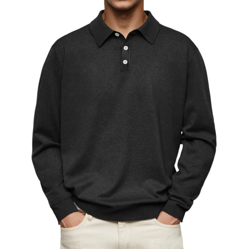 Men's Fine Knit Long Sleeve Polo Shirt with Placket and Collar Mune Fashion