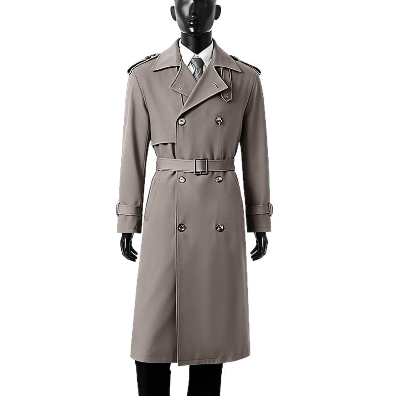 Men's knee-length double-breasted trench coat with epaulettes, storm flap, and cuff strap Mune Fashion