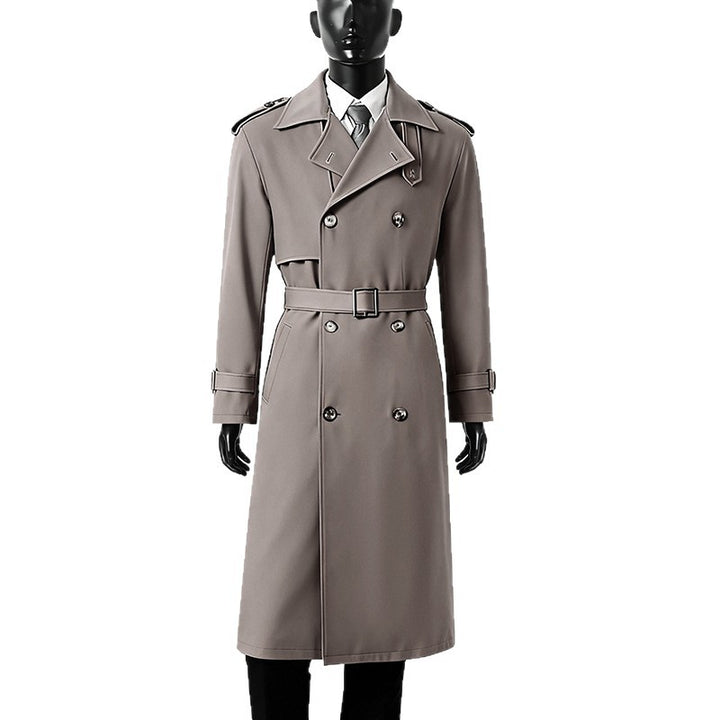 Men's knee-length double-breasted trench coat with epaulettes, storm flap, and cuff strap Mune Fashion