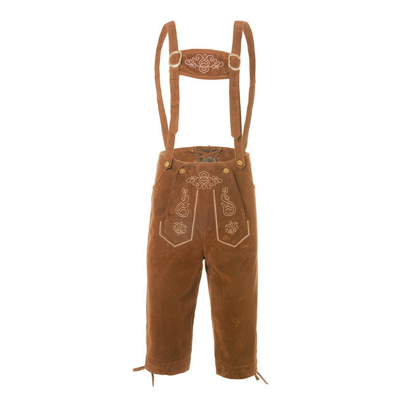 Men's traditional suede leather pants with embroidered suspenders and knee-length cuffs Mune Fashion