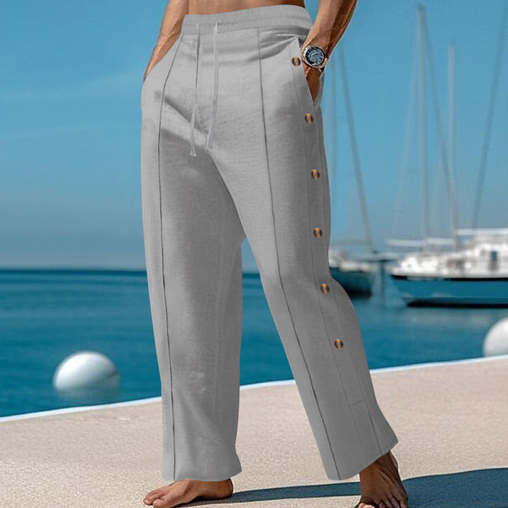 Men's nautical relaxed trousers with wide leg, elastic drawstring waistband and side button placket Mune Fashion