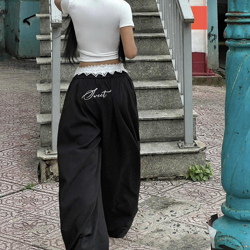 Women's Casual Layered Trousers with Lace Waistband and Decorative Bow Mune Fashion