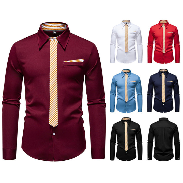 Men's Slim-Fit Business Shirt with Integrated Tie Look and Chest Pocket Mune Fashion