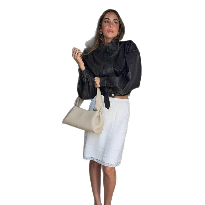 Women Short Cut Faux Leather Biker Jacket with Stand Collar, Waist Belt and Voluminous Sleeves Mune Fashion