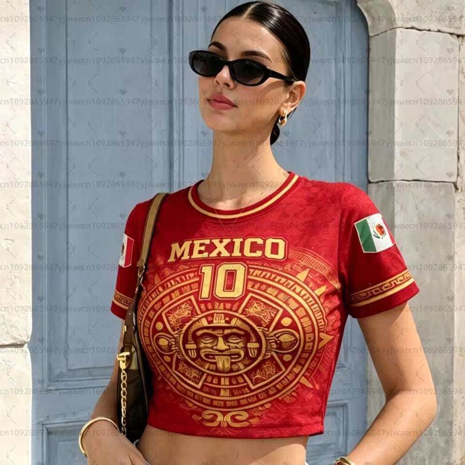 Women nan short Crop-T-Shirt with Aztec pattern and flag patches Mune Fashion
