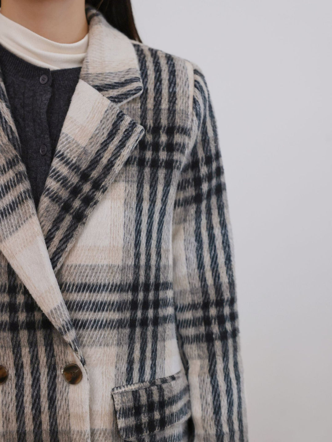 Women Checked Boucle Blazer with Notch Collar and Patch Pockets Mune Fashion