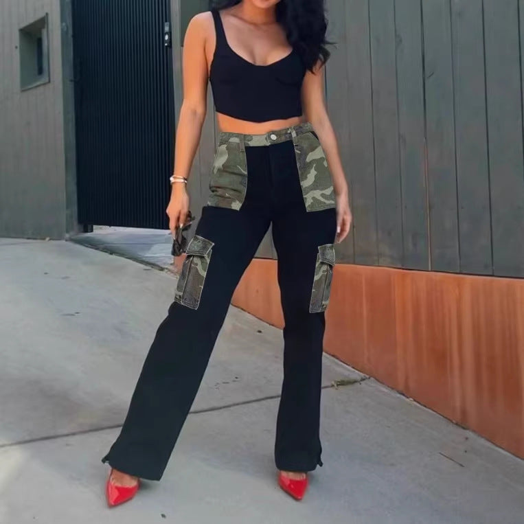 Women High-Waist Utility Jeans with Camouflage Panels and Patch Cargo Pockets Mune Fashion