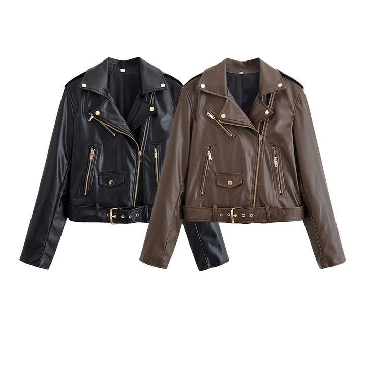 Women's biker jacket made of faux leather with asymmetrical zipper, waist belt, and gold-colored details Mune Fashion