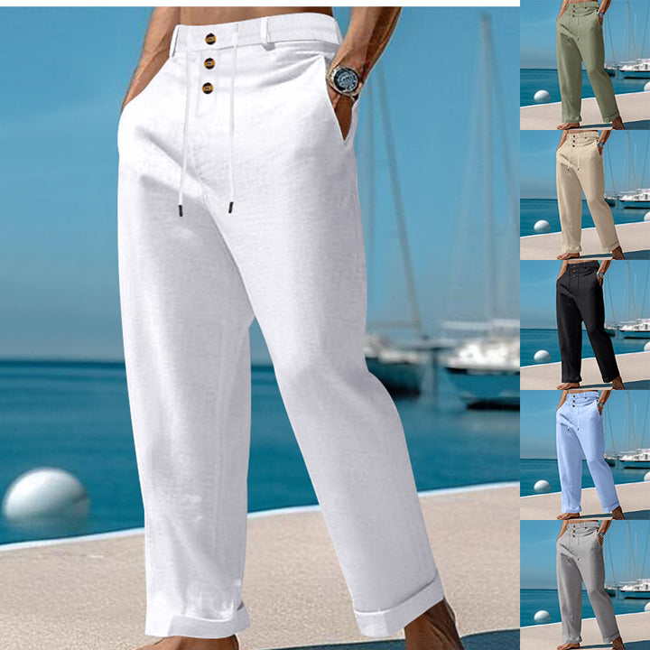 Men's loose linen relaxation pants with high waistband, drawstring and cuff Mune Fashion