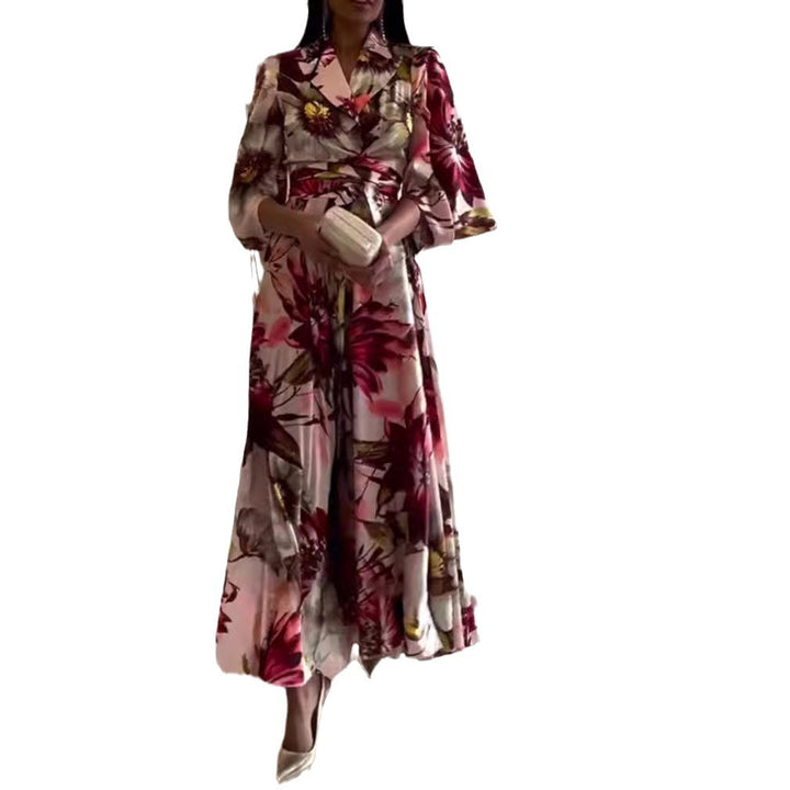 Ladies nan maxi dress with shawl collar, kimono sleeves and waist-defining tie belt Mune Fashion