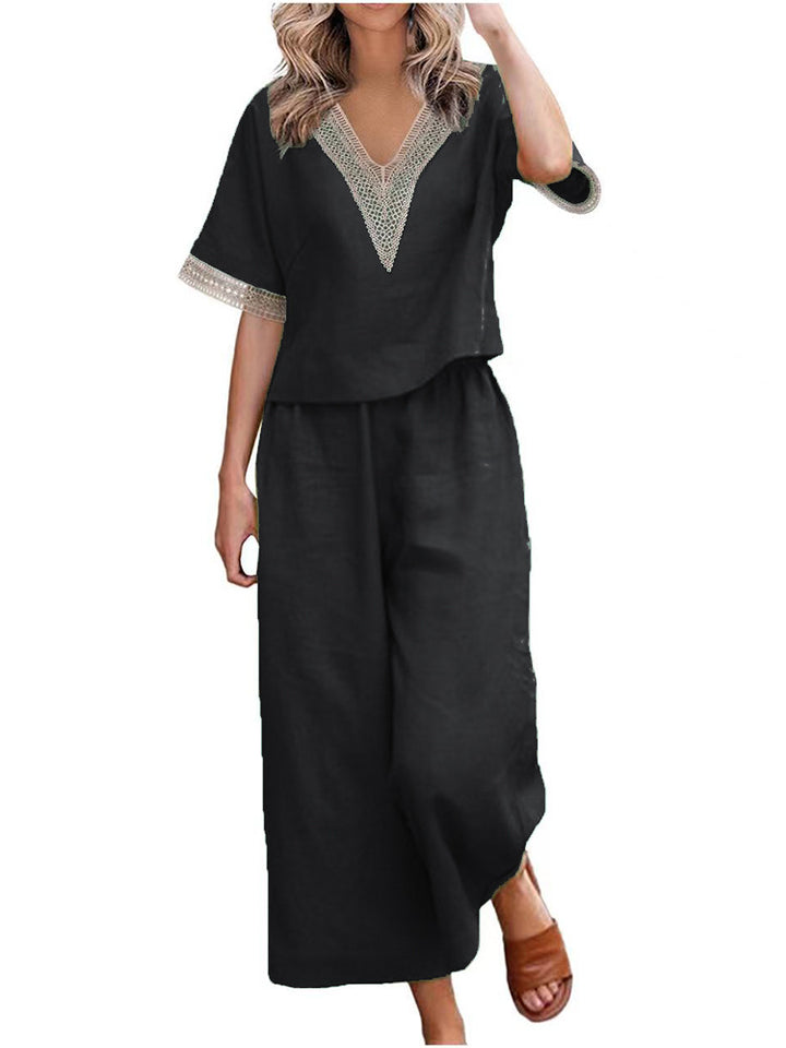 Ladies Fashionable Two-Piece Set with V-Neck and Decorative Accents Mune Fashion