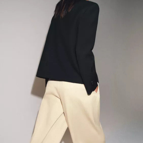 Women's Asymmetrical Short Blazer with Stand Collar and Decorative Buttons Mune Fashion