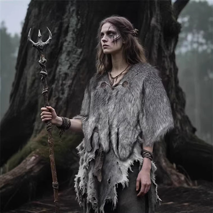 Ladies Viking-inspired Faux-Fur Cape with rustic fringe look and shoulder drape Mune Fashion